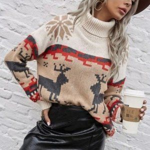 Vici cotton blend reindeer thick holiday Christmas funnel neck sweater